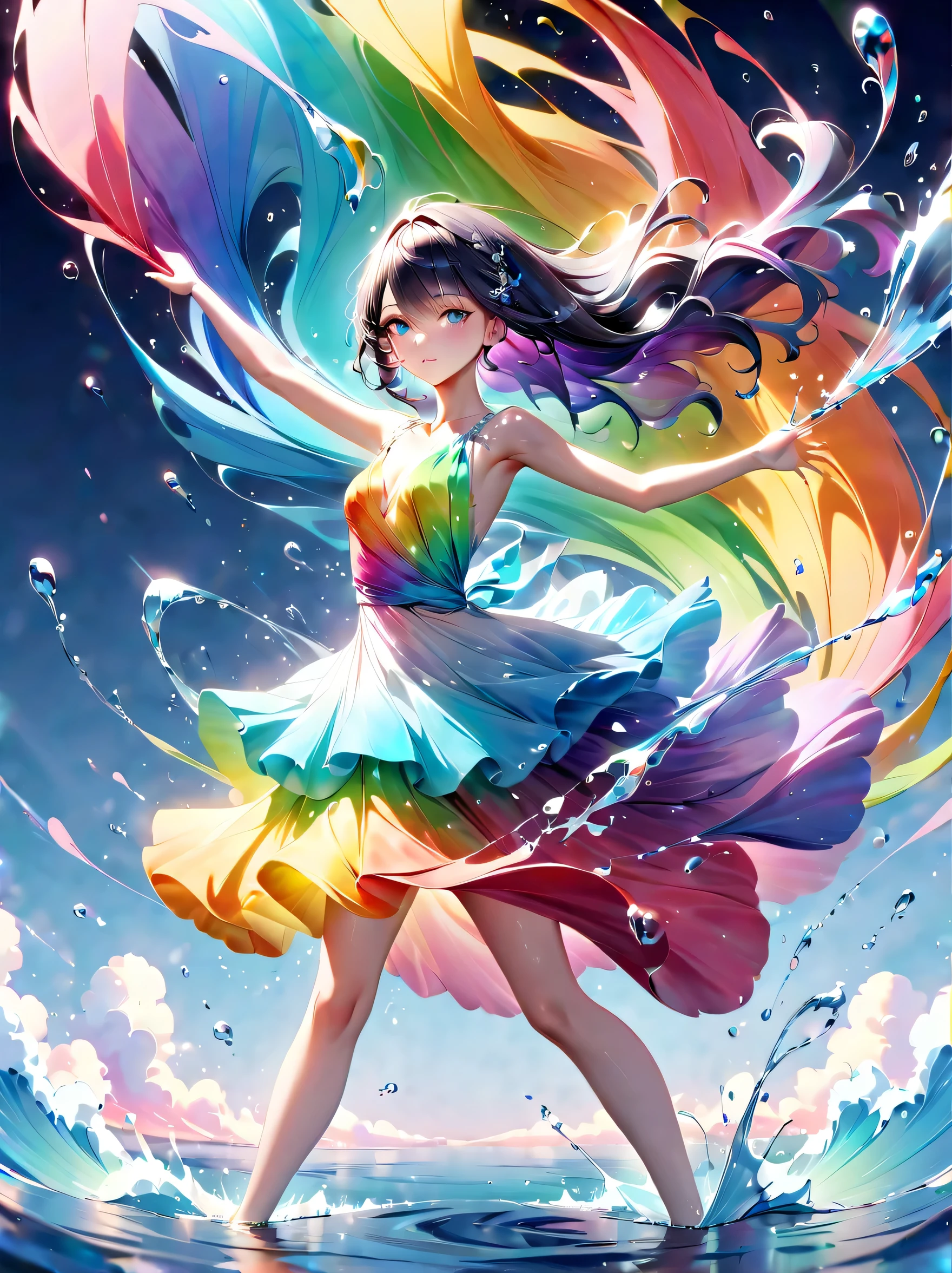 Expressing the flow of ink dancing in the wind,water effects,colorful water,goddess:govern the arts:Manipulating water:rich hair:perfect face:beautiful:wearing a rainbow colored dress:elegant:Knee-length dresses,Ink splash,Bright colors,light reflection,rich colors,abstract,3D,8K,High resolution,masterpiece,high quality,Detailed details,Colors of the rainbow,Naughty,tricky,design,fun,bright colors,splash of water,invite you to the world of art