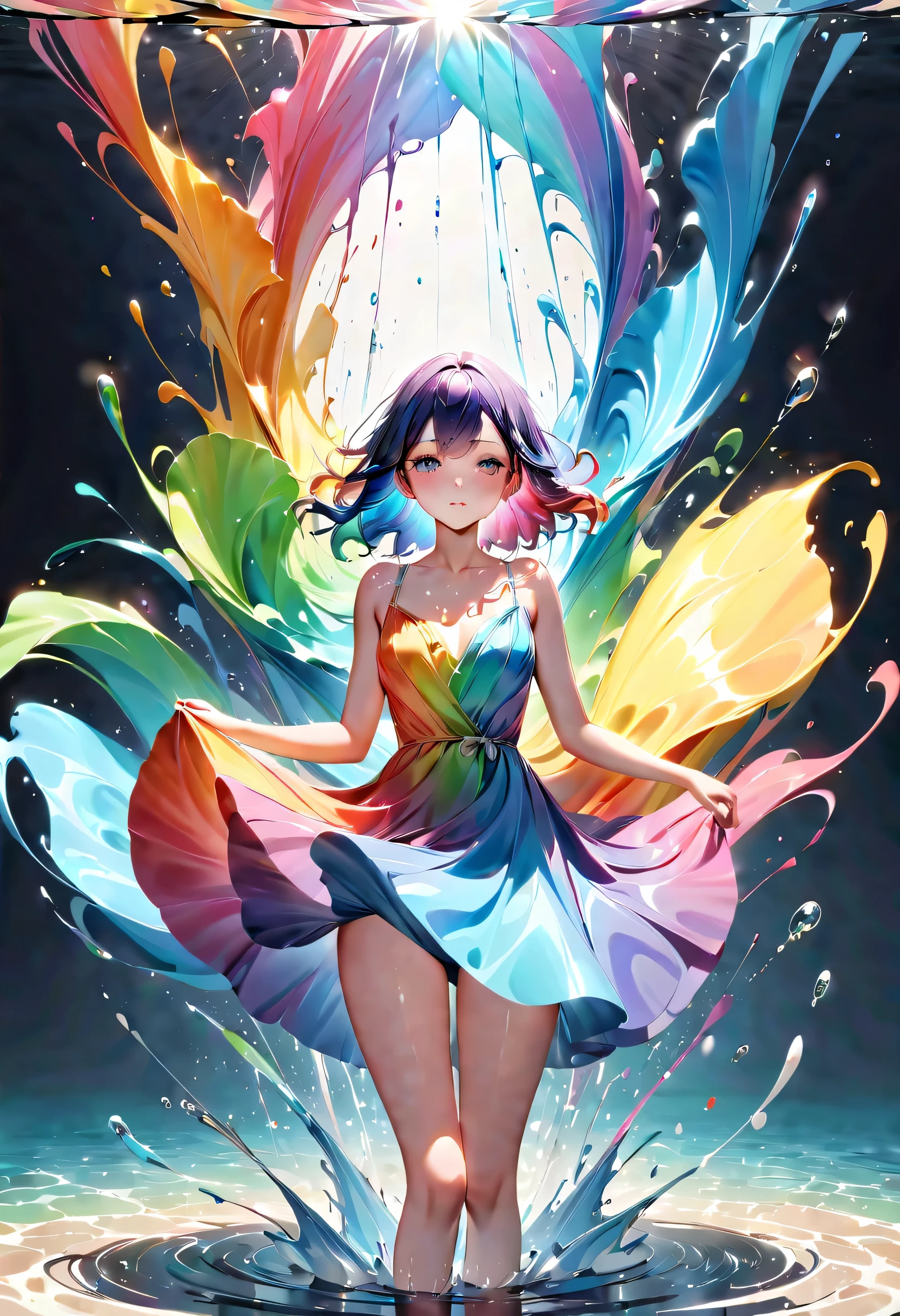 Expressing the flow of ink dancing in the wind,water effects,colorful water,goddess:govern the arts:Manipulating water:rich hair:perfect face:beautiful:wearing a rainbow colored dress,splash,Bright colors,light reflection,rich colors,abstract,3D,8K,High resolution,masterpiece,high quality,Detailed details,Colors of the rainbow,Naughty,tricky,design,fun,bright colors,splash of water,invite you to the world of art