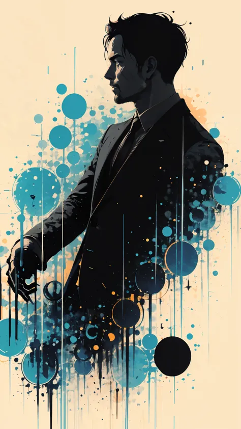 Silhouette of a posed gentleman:dynamic pose:profile,Ink splash,Bold colors,dynamically,colorful,An abstract painting that looks...