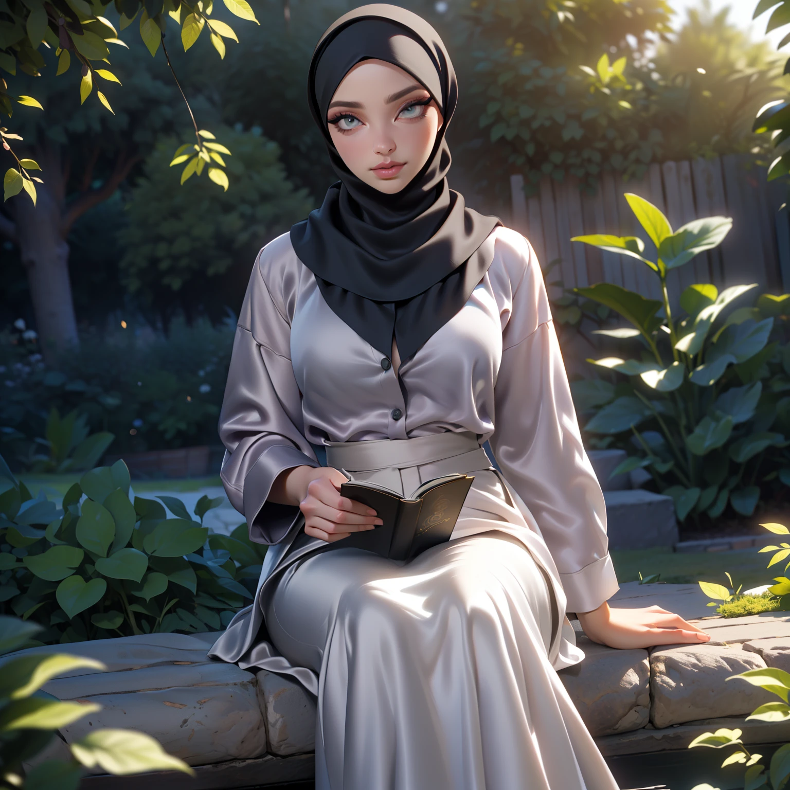 3DMM, ((Masterpiece, best quality, photography, detailed skin, realistic, photo-realistic, 8k, highly detailed, full length frame, High detail RAW color art, diffused soft lighting, shallow depth of field, sharp focus, hyperrealism, cinematic lighting, hijab, a woman in a beautifully makeup, smokey eyeshadow, beautiful big eyes, long eye lashes, wearing (Taupe satin hijab), loosely tide hijab style, ((gray satin shirt)), satin long maxi skirt, reading, sitting under tree, garden