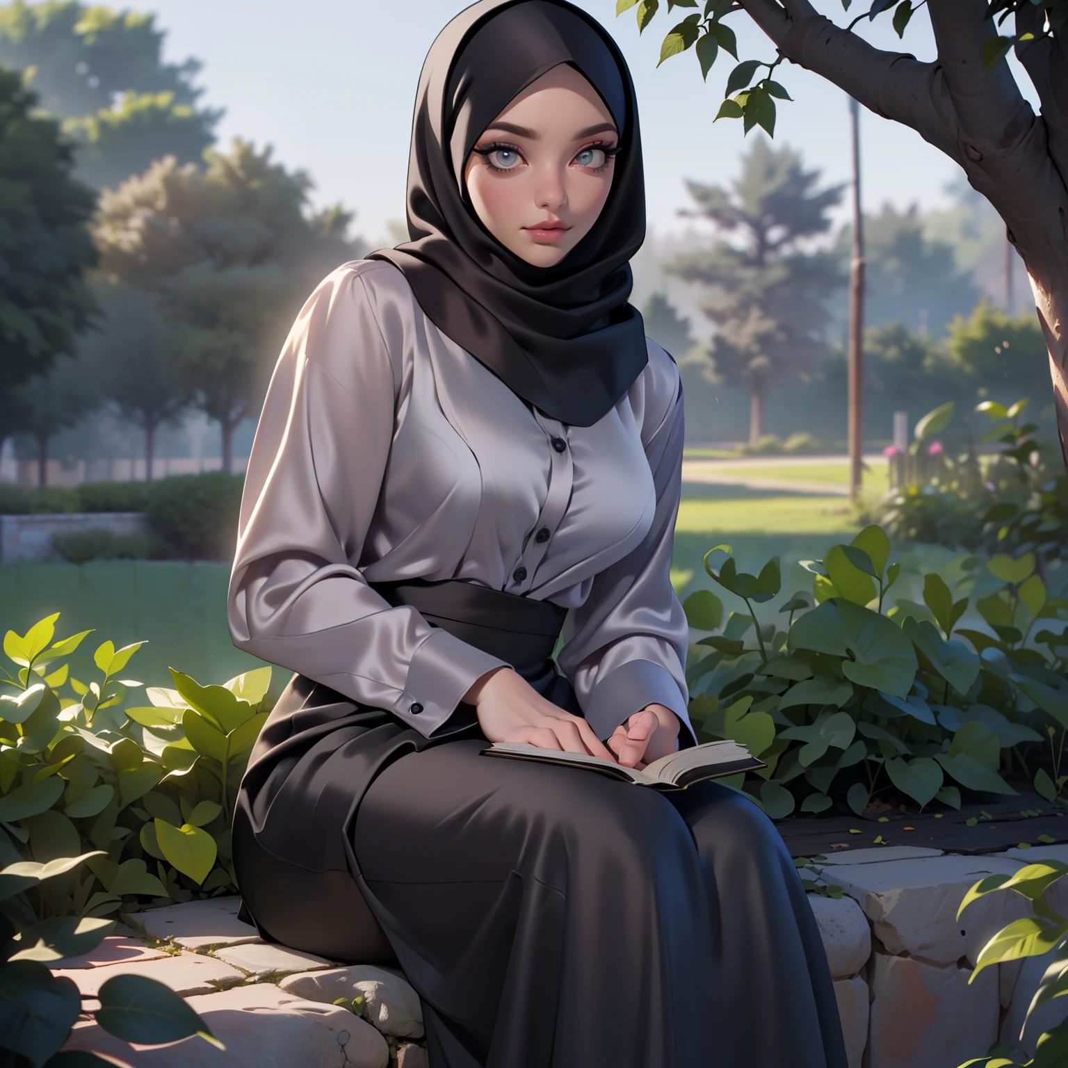 3DMM, ((Masterpiece, best quality, photography, detailed skin, realistic, photo-realistic, 8k, highly detailed, full length frame, High detail RAW color art, diffused soft lighting, shallow depth of field, sharp focus, hyperrealism, cinematic lighting, hijab, a woman in a beautifully makeup, smokey eyeshadow, beautiful big eyes, long eye lashes, wearing (Taupe satin hijab), loosely tide hijab style, ((gray satin shirt)), satin long maxi skirt, reading, sitting under tree, garden