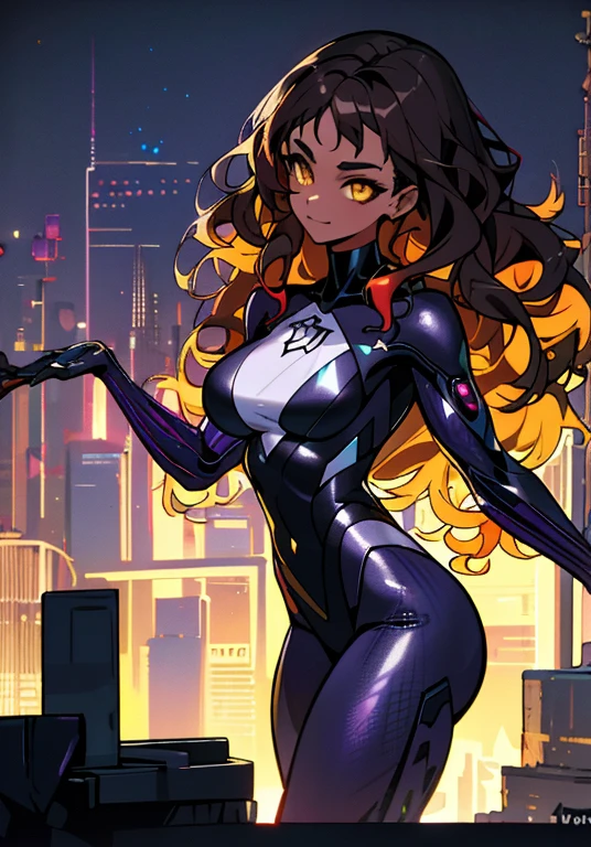 Spider girl, (puerto rican) dark brown curly/wavy hair, brown skin, yellow eyes, (cyberpunk theme) color pellet: purple through blue for clothes cyberpunk spider suit, in Brooklyn new york background, (cyberpunk world) 17 year old, cute girl, techie girl