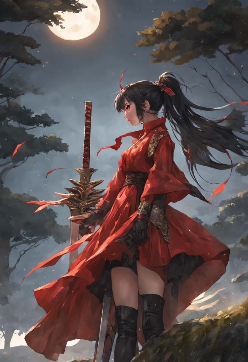 (best quality), ((masterpiece)), (highres), illustration, original, extremely detailed,licg, 1girl, bird, black hair, ponytail, thighhighs, long hair, solo, red dress, weapon, dress, tree, sword, boots, hair ornament, moon