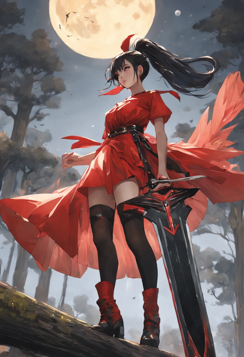 (best quality), ((masterpiece)), (highres), illustration, original, extremely detailed,licg, 1girl, bird, black hair, ponytail, thighhighs, long hair, solo, red dress, weapon, dress, tree, sword, boots, hair ornament, moon