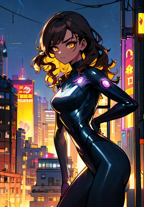 Spider girl, (puerto rican) dark brown curly/wavy hair, brown skin, yellow eyes, (cyberpunk theme) color pellet: purple through ...