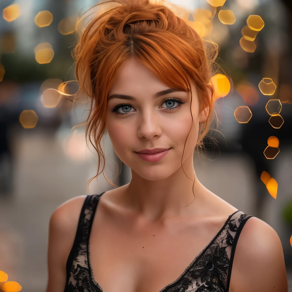 Beautiful and sexy European woman with Hellbraune Augen, 2, Starke und lebendige kurze orange Haare das Mädchen trägt ein schönes schwarzes Kleid, High Heels, full subject shown in the Foto, abstrakter heller Hintergrund, Mädchen steht im Mittelpunkt, unscharfer Hintergrund, Tiefenschärfe, sarkastisches Lächeln, Mädchen schaut zur Seite, Mädchen schaut nicht in die Kamera, complete subject appears in the Foto, bare legs, keine Nacktheit, Haare in einem unordentlichen Dutt, Hellbraune Augen, leuchtend orangefarbenes Haar, schmale Taille, Sehr detailiert, unschuldiges Gesicht, Gesichtslänge 1.3-fache Breite des Gesichts, mandelförmige Augen, Quadratische Gesichtsform, Hohe Wangenknochen, natürlich gewelltes Haar, Honigaugen, Hohe Auflösung, Kunstwerk, beste Qualität , komplizierte Details, Sehr detailiert, scharfer Fokus, detaillierte Haut, realistisch skin Textur, Textur, Detaillierte Augen, Fachmann, 4k, charmantes Lächeln, gedreht mit Canon, Tiefenschärfe, Kodak Vision Farben, perfekt sitzender Körper, Extrem detailliert, Foto_\ ( Ultra \), Fotorealistisch, realistisch, Nachbearbeitung, Maximale Detailliertheit, Rauheit, wahres Leben, Ultrarealistisch, Fotorealism, Fotography, 8K Ultra HD, Fotography