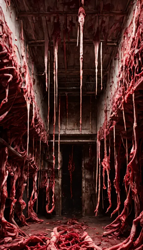 a maze made inside butchery, horror tools, bloody scene, hooks hanging from the ceiling
