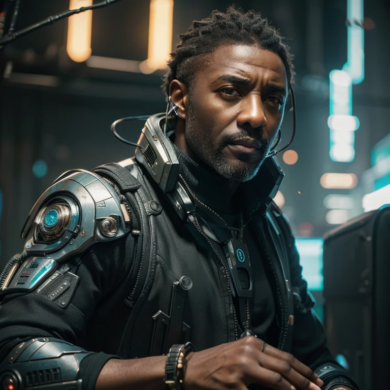 ((masterpiece, highest quality, hires, amazing detail, 8k, best quality, dynamic angle)), cinematic, portait, closeup shot of middle aged man / idris elba /, wearing highly damaged mech suit, playing guitar, perfect facial hair, scars, cybernetic implants, shirow masamune, ghost in the shell, gantz, gritty, cyberpunk background, muted colours