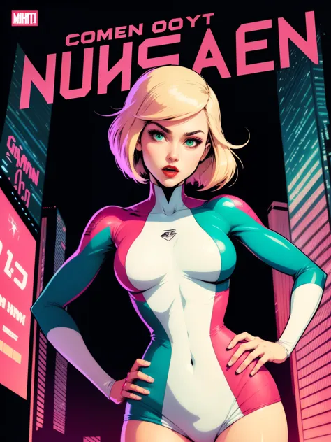 (((A comic style, cartoon art))). A comic-style image of Spider-Gwen, with her as the central figure. She is standing with her hands on her hips, looking straight ahead with determination. She wears a white and pink costume, with a white and pink mask. Hot...