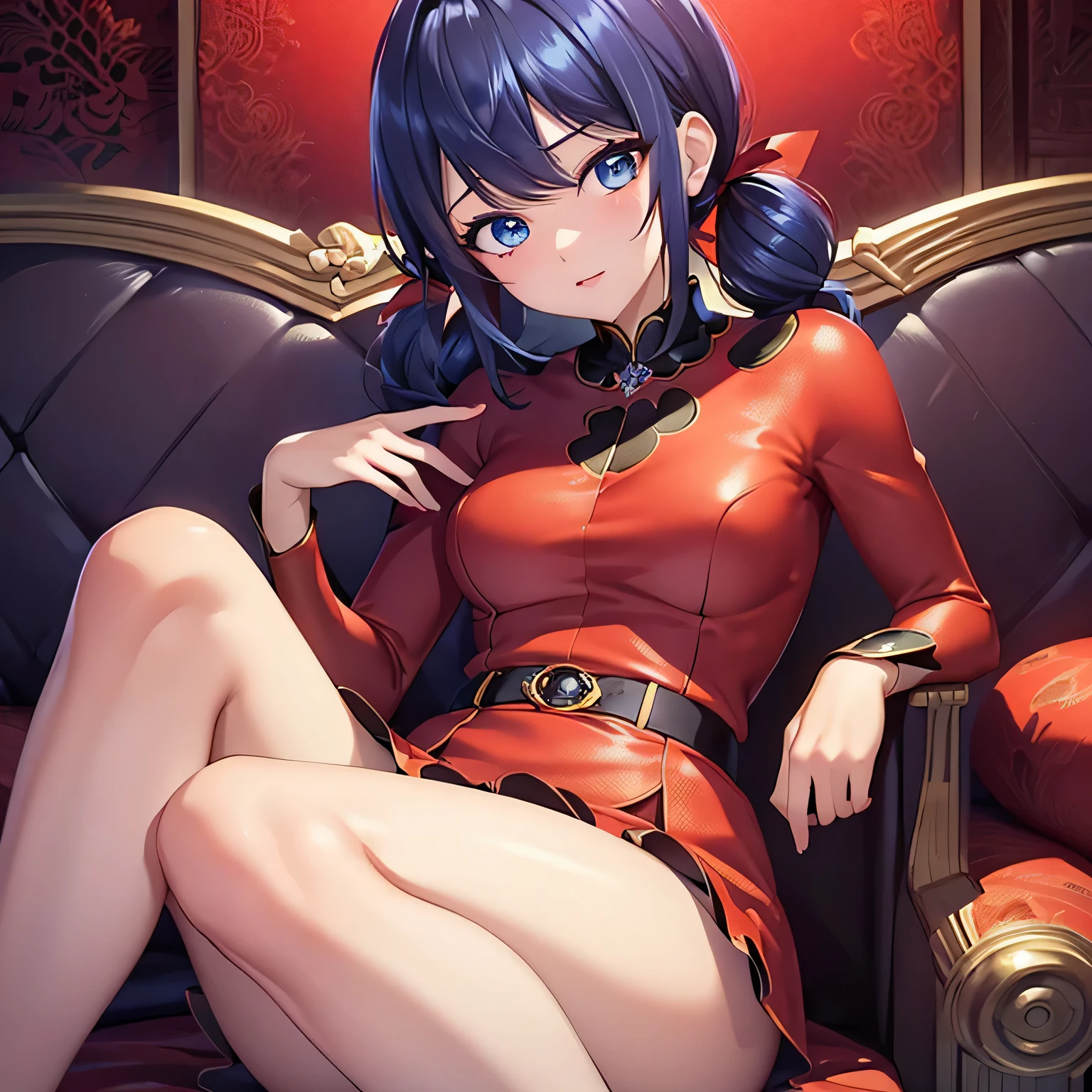 UHD, chef-d&#39;œuvre, peau texturée, Super détaillé, Haute qualité, primé, Meilleure qualité, détails complexes, éclairage parfait, Beaux yeux,1fille, 14 ans, marinette dupain-cheng, coccinelle, twintails courts, cheveux bleu foncé, yeux bleus, Belle pose, Tenue rouge, jambes parfaites, des mains parfaites, Réaliste