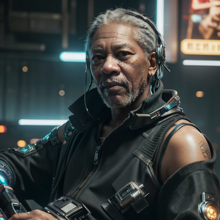 ((masterpiece, highest quality, hires, amazing detail, 8k, best quality, dynamic angle)), cinematic, portait, closeup shot of middle aged man / morgan freeman /, playing guitar, perfect facial hair, scars, cybernetic implants, shirow masamune, ghost in the shell, gantz, gritty, cyberpunk background, muted colours