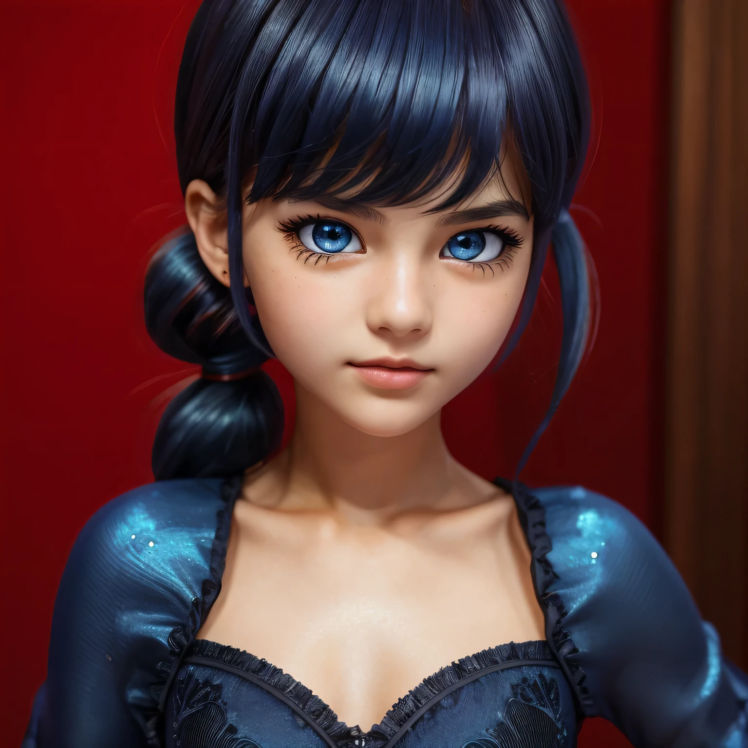 Ultra HD, obra de arte, Pele texturizada, super detalhado, alta qualidade, premiado, melhor qualidade, detalhes intrincados, iluminação perfeita, Olhos lindos,1 garota, 14 anos, Marinette Dupain-Cheng, joaninha, twintails curtos, cabelo azul escuro, olhos azuis, Linda pose, de pé, pernas perfeitas, mãos perfeitas, realista