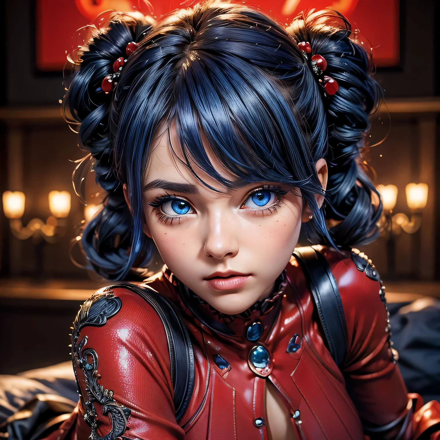 UHD, masterpiece, textured skin, super detailed, high quality, award wining, best quality, intricate details, perfect lighting, beautiful eyes,1girl, Marinette Dupain-Cheng, Ladybug, short twintails, dark blue hair, blue eyes, beautiful pose, perfect legs, red outfit, realistic