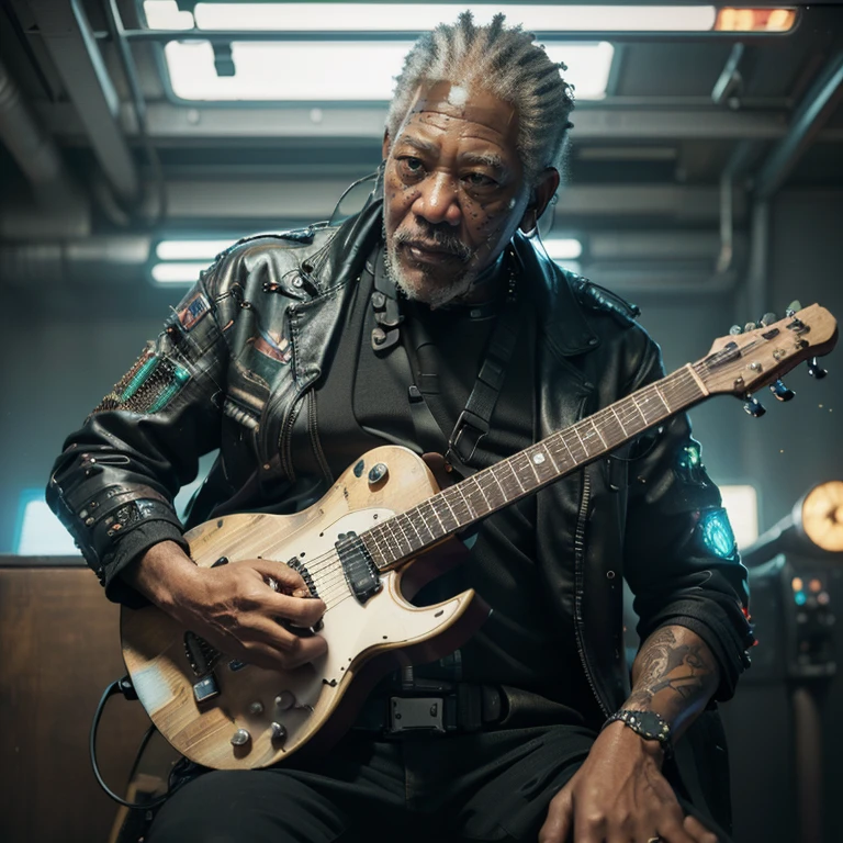 ((masterpiece, highest quality, hires, amazing detail, 8k, best quality, dynamic angle)), cinematic, portait, closeup shot of middle aged man / morgan freeman /, (playing guitar), perfect facial hair, scars, cybernetic implants, shirow masamune, ghost in the shell, gantz, gritty, cyberpunk background, muted colours