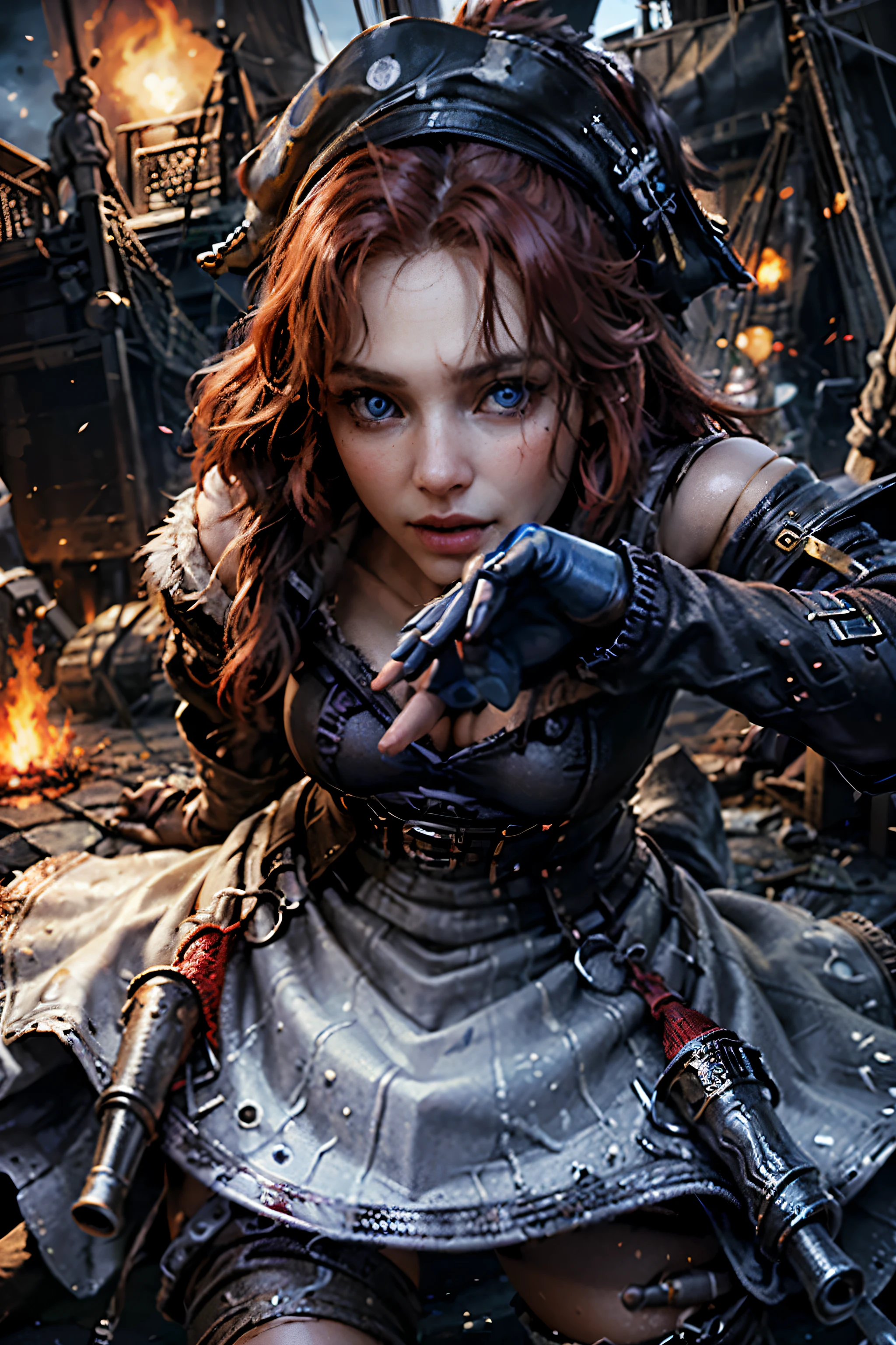 (Good quality:1.2), (ultradetailed:1.2), (ultra-detailed face:1.2), (detailed blue eyes:1.2), (ultra detailed body:1.2), young girl with old pistol, Red hair, (white pirate dress:1.2), Pirate Ship, natta, battlefield, Fire in the background