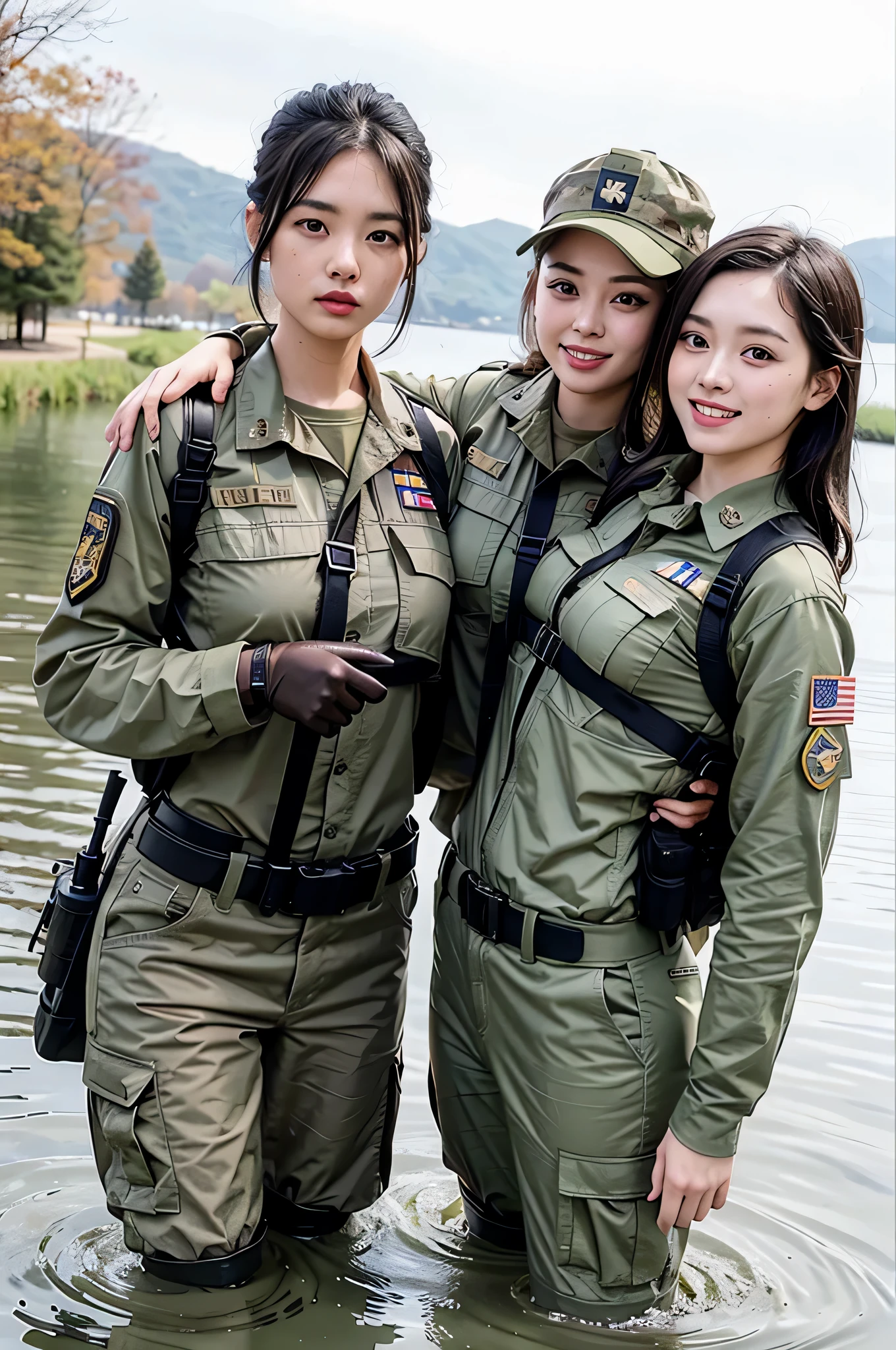 two women in militares uniforms standing in a body of water, wearing militares uniform, meninas de infantaria, wearing a militares uniform, militares, perfect militares composure, wearing militares outfit, militares girl, us exército, exército, in full militares garb, militar, militarista!!!, uniforme completo, ssao, militarista, vestindo uniforme de soldado sujo, nós, soldados