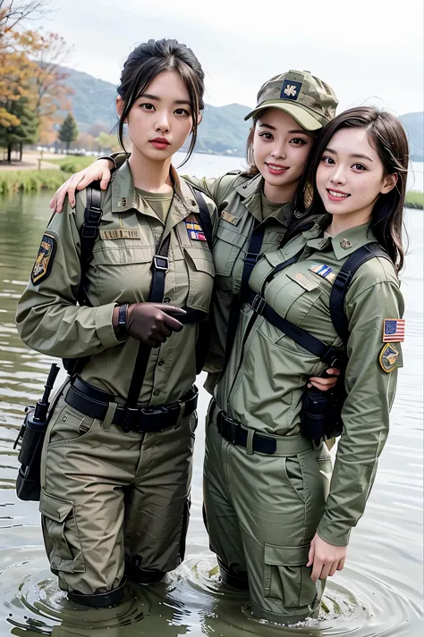 two women in military uniforms standing in a body of water, wearing military uniform, infantry girls, wearing a military uniform...