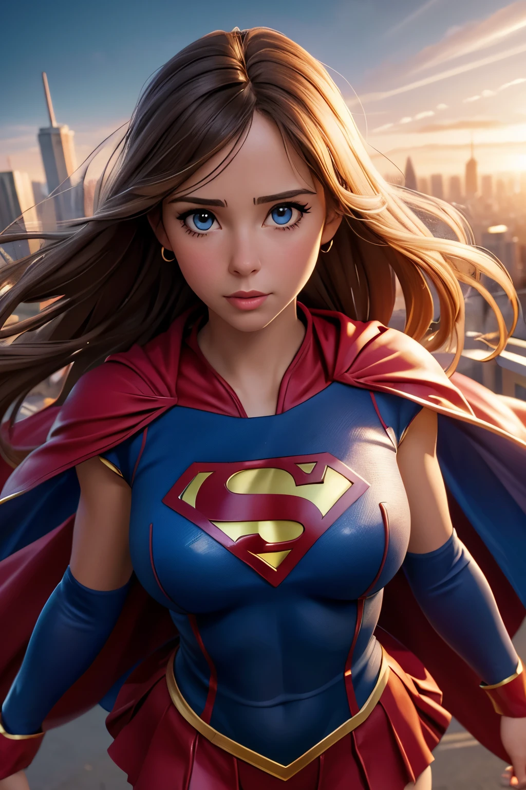 Young Jennifer Love Hewitt dressed as Supergirl in the 1990s,beautiful detailed eyes,beautiful detailed lips,extremely detailed eyes and face,long eyelashes,Supergirl's iconic costume,stunning red and blue outfit,resolute expression,confident posture,flying above a cityscape,clear blue sky,high-quality,ultra-detailed (best quality,4k,8k,highres,masterpiece:1.2),photorealistic lighting,stunning portrait style,vibrant colors,shining cape,sharp focus,crisp details,flying with great speed and power,inspiring and heroic scene.