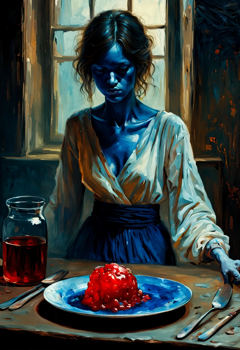 “jelly on a plate, painting by Beksinski, Bernie Wrightson, artstation trends, horror movie, creepypasta” Beautiful cinematic impressionistic painting, Dark Gloomy Creepy Character, in the style of Jeremy Mann and Charles Dana Gibson, Mark Demsteader, Paul Hedley. Tint of lapis lazuli and atrovirene, ultra HD 8k, photorealism, ultra detail, 8k/beep woman photo-negative refractograph --ar 8:10 --v 6.0.ideal body anatomy, photo-negative refractograph --ar 3:5 --s 50.