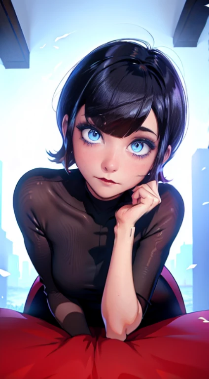table, Super high resolution, ultra detailed, Beautiful European girl, Dark-haired, short bob cut, Amazing blue eyes, white-skinned, Red lips, red blush, gentle look, Sorceress, Amazing face, The Amazing Mavis Dracula, Realistic, black dress,  striped socks , Beautiful, perfect body, big breasts, striped thigh, Don&#39;t be, (At Your Feet:1.2)