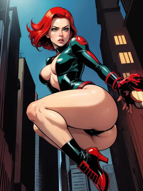 (((COMIC STYLE, CARTOON ART))).  A comic book-style image of Black Widow, with her as the central figure. She is on the move, jumping from one building to another, her hands holding two pistols. She wears a black outfit, with a red buckle on her waist and ...