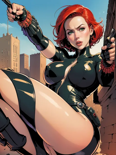 (((COMIC STYLE, CARTOON ART))).  A comic book-style image of Black Widow, with her as the central figure. She is on the move, jumping from one building to another, her hands holding two pistols. She wears a black outfit, with a red buckle on her waist and ...
