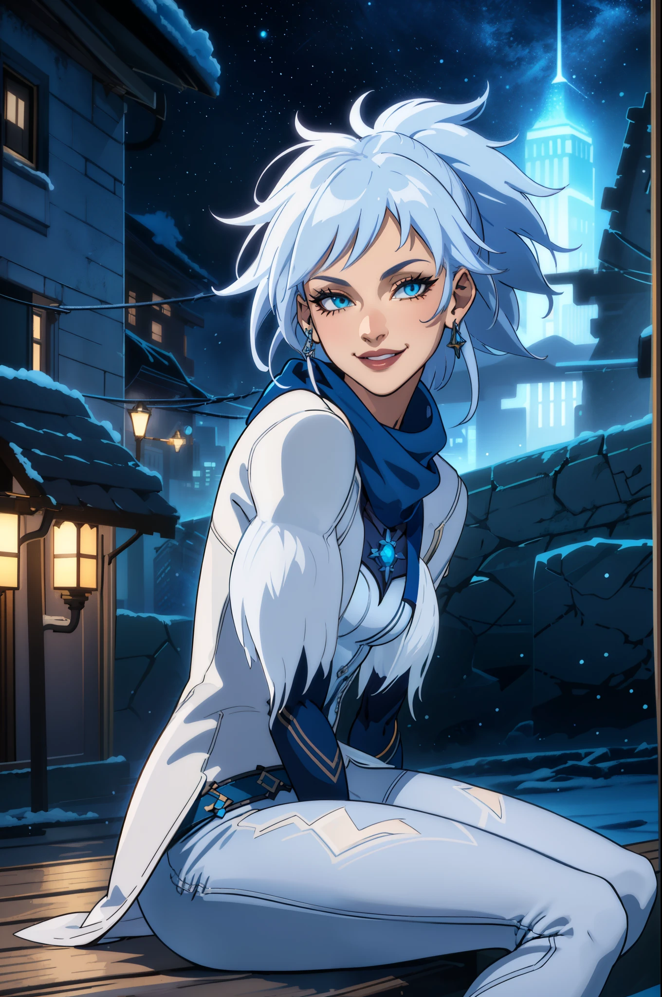 (extremely detailed CG unity 4k wallpaper),(masterpiece),(best quality),(ultra-detailed),(best illustration),(best shadow),(absurdres),(detailed background) Killer frost, smiling, white coat, blue denim jeans, white boots, blue scarf, sitting on bench, Gotham city, night, winter, snow, looking at viewer.