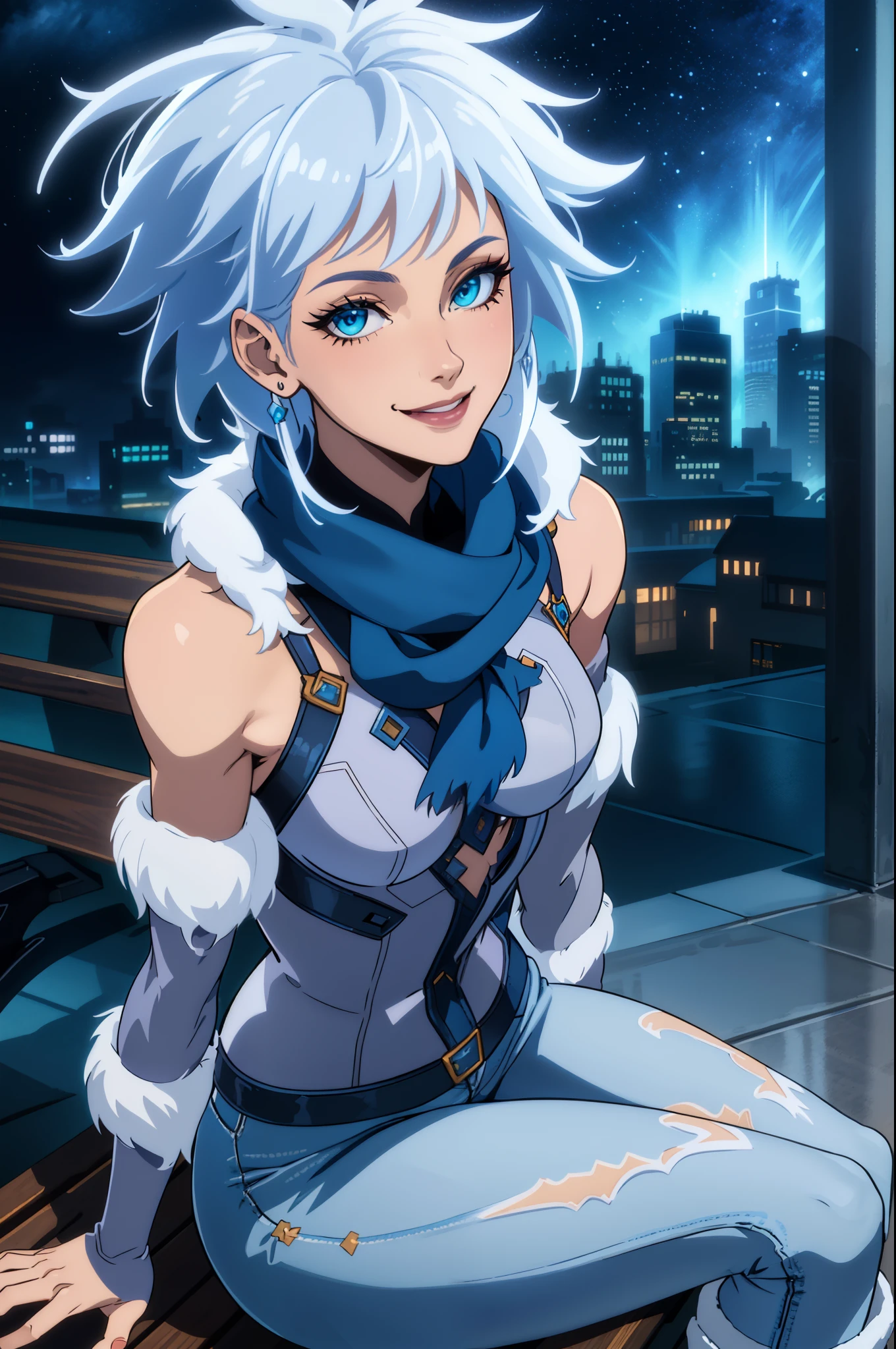 (extremely detailed CG unity 4k wallpaper),(masterpiece),(best quality),(ultra-detailed),(best illustration),(best shadow),(absurdres),(detailed background) Killer frost, smiling, white coat, blue denim jeans, white boots, blue scarf, sitting on bench, Gotham city, night, winter, snow, looking at viewer.