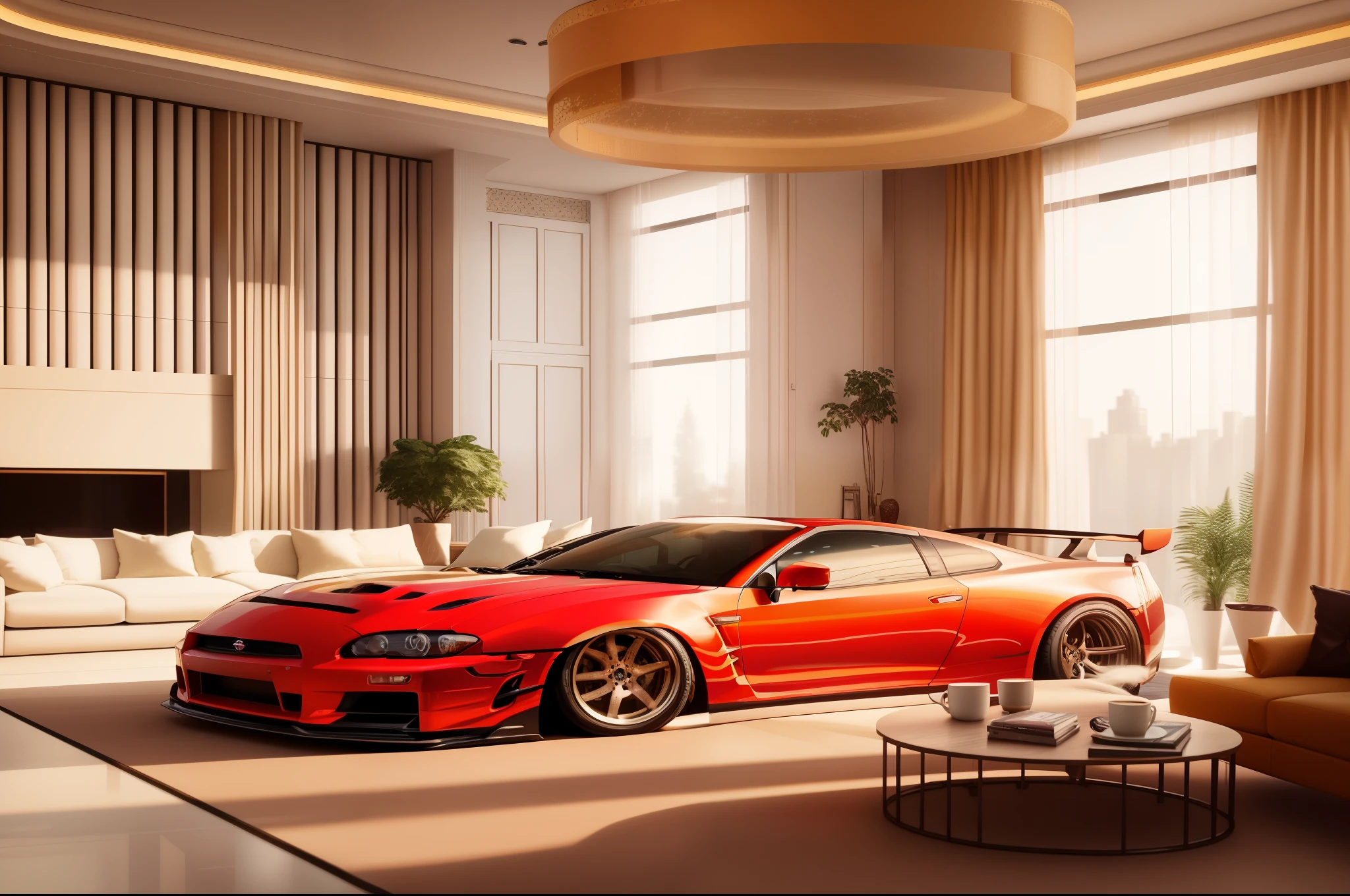 A red nissan gtr r sports car in a living room with a couch and a coffee table, sports car in the room, nissan gtr r 3 4, super realistic render vray, 3 d hyper realistic render, in style of 3d render, cobbled together nissan r34 gtr, hyper detailed 3d render, hyper detailed 3 d render, luxury hd render