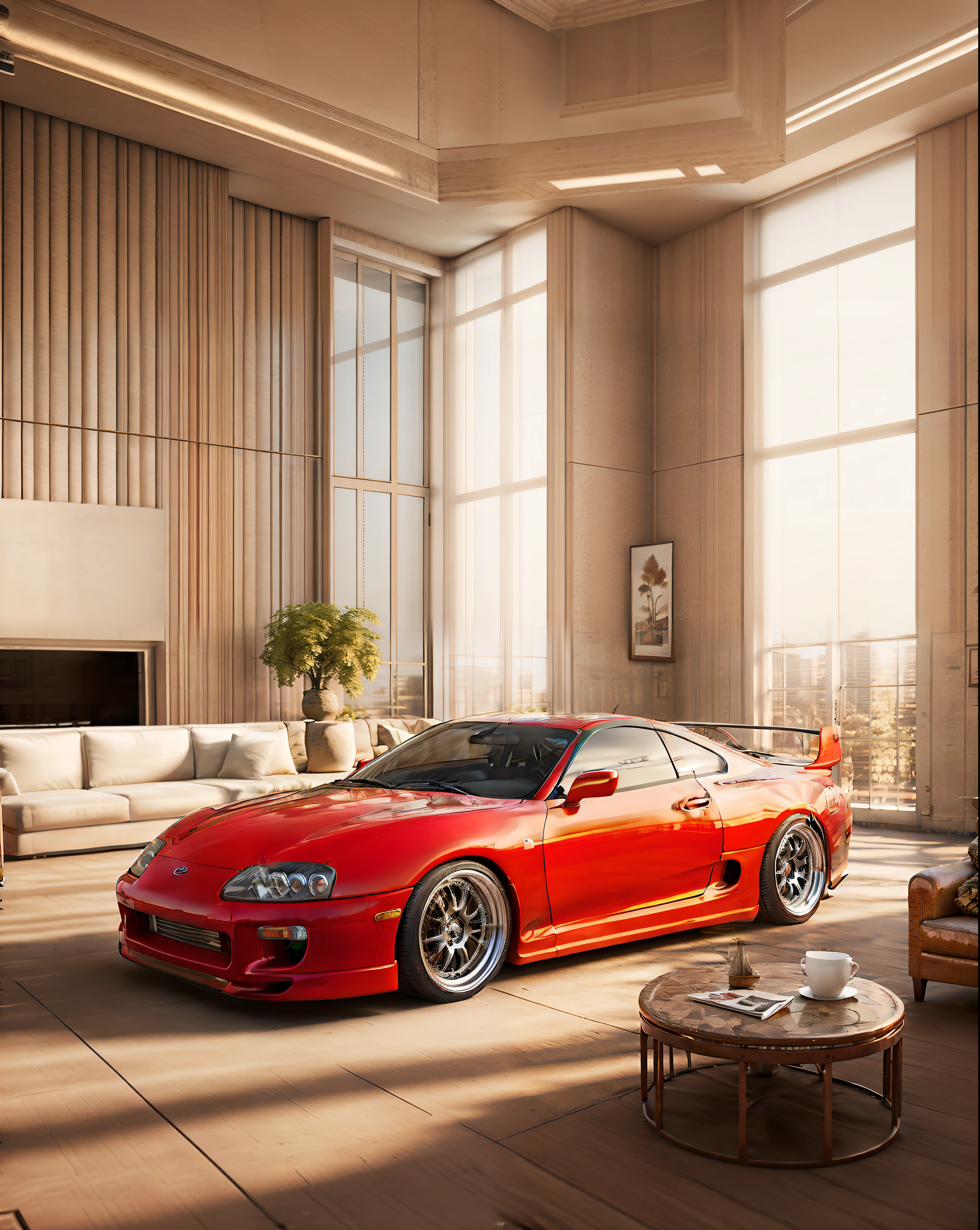 A red nissan gtr r sports car in a living room with a couch and a coffee table, sports car in the room, nissan gtr r 3 4, super realistic render vray, 3 d hyper realistic render, in style of 3d render, cobbled together nissan r34 gtr, hyper detailed 3d render, hyper detailed 3 d render, luxury hd render