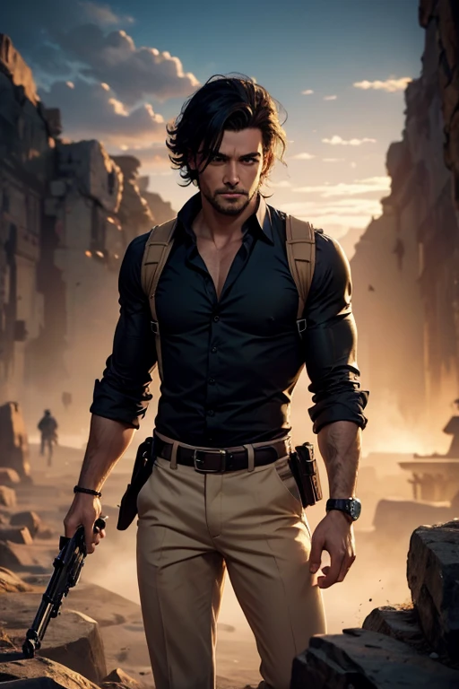 Imagine a man white and black haired  wearing a navy blue shirt with a shoulder holster beige pants and holding a pistol , he is high on rocky mountain where beneath it is a golden lost city