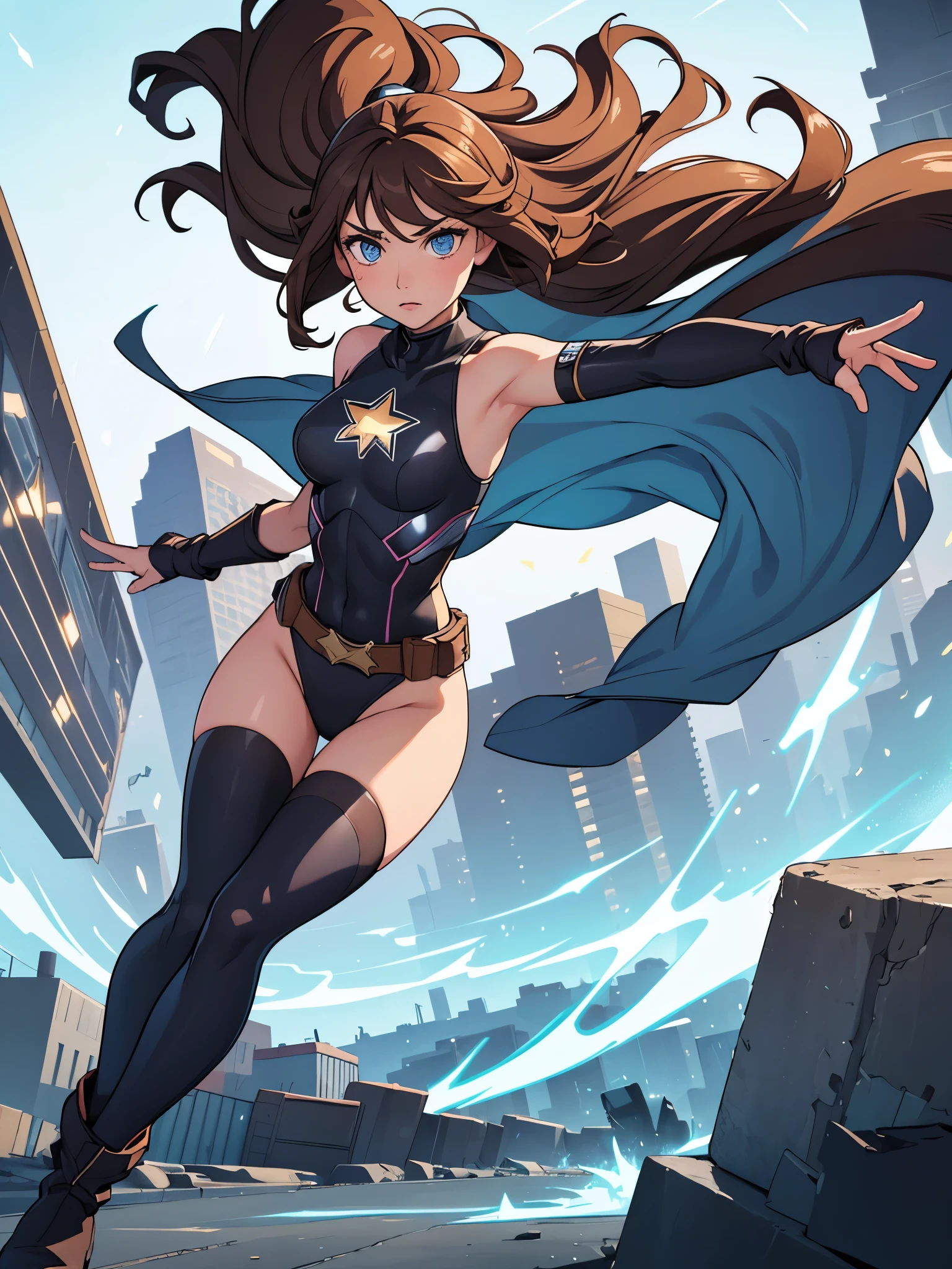 1girl, medium breasts, leotard, bare legs, tight belt, boots, matching boots, gloves, city backdrop, solo, single, full body shot, cowboy shot, superhero, beautiful detailed eyes, mature lady, star symbol on chest, brown hair, high leg leotard, spins fast in place like a tornado, wind swirls, rapid gyration, girl tornado spinning girl, turning to a whirlwind, outstretched arms, standing, ((only five fingers))