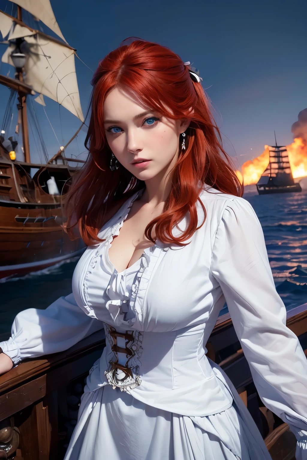 (good quality:1.2), (Ultradetailed:1.2), (ultradetailed face:1.2), (detailed blue eyes:1.2), (ultradetailed body:1.2), young girl with old pistole, red hair, (white pirate dress:1.2), pirate ship, night, battlefield, fire in the background