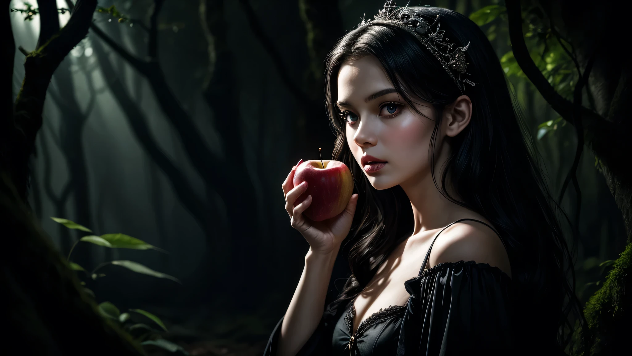 jeune princesse Blanche-Neige, tient une pomme empoisonnée dans un environnement sombre et la pâleur de son visage contraste avec la forêt sombre qui l&#39;entoure. Dans sa main, la pomme brille comme un fruit défendu, et son regard est plein de drame et d&#39;inévitabilité., En arrière-plan forêt sombre, un château gothique se profile, Détails élevés, art gothique, le romantisme, profondeur de champ, Éclairage cinématographique, rétroéclairage, chef-d&#39;œuvre, haute qualité, haute résolution