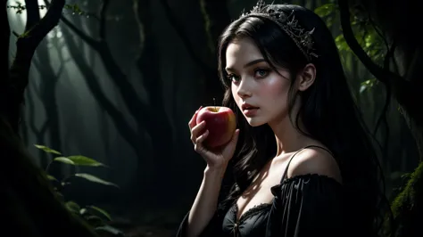 young Snow White princess, holds a poisoned apple in a dark environment and the paleness of her face contrasts with the dark for...