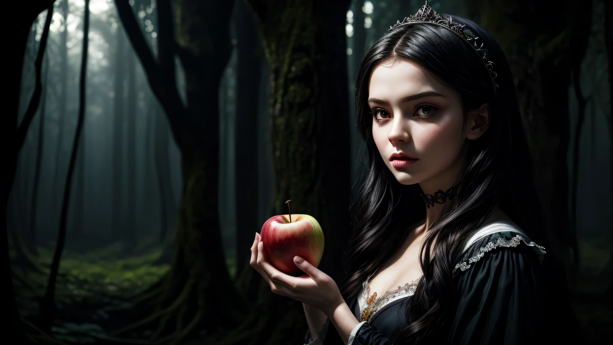 jeune princesse Blanche-Neige, tient une pomme empoisonnée dans un environnement sombre et la pâleur de son visage contraste avec la forêt sombre qui l&#39;entoure. Dans sa main, la pomme brille comme un fruit défendu, et son regard est plein de drame et d&#39;inévitabilité., En arrière-plan forêt sombre, un château gothique se profile, Détails élevés, art gothique, le romantisme, profondeur de champ, Éclairage cinématographique, rétroéclairage, chef-d&#39;œuvre, haute qualité, haute résolution