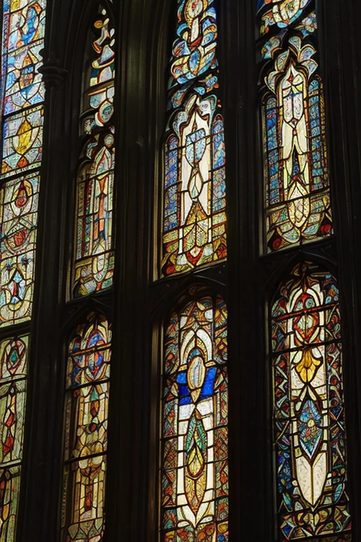 detailed stained glass, vibrant colors, intricate designs, sunlight streaming through, Gothic architecture, religious symbolism, majestic windows, masterful craftsmanship, medieval art, historical beauty, ethereal atmosphere, divine inspiration, spiritual awe, delicate lead lines, radiant light effects, celestial motifs, mesmerizing patterns, luminous reflections, elaborate compositions, timeless elegance, rich cultural heritage, transcendent artistry