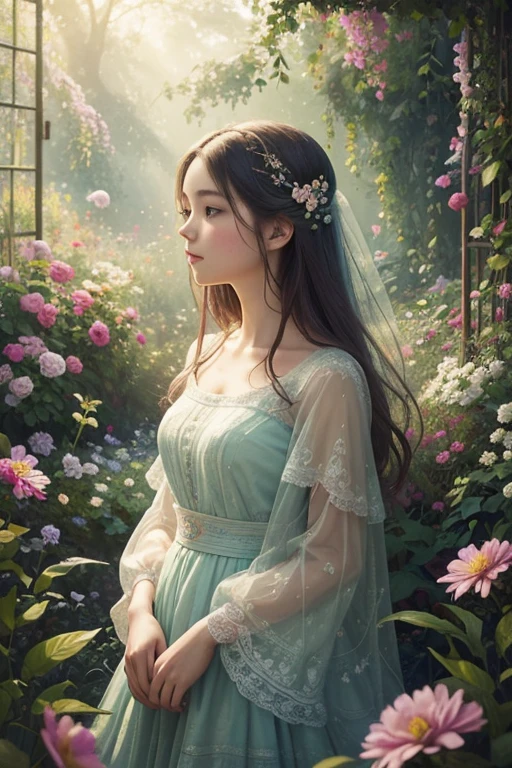 A girl in a garden, mixed media, vibrant colors, natural light, detailed flowers, surreal atmosphere, dreamy composition, fine brushstrokes, whimsical elements, magical scenery, high-resolution, photorealistic, vintage aesthetic, textured background, delicate features, elegant posture, joyful expression, soft sunlight, playful birds, tranquil atmosphere, rich color palette, artistic perspective, layered composition, harmonious blending, intricate details, ethereal beauty, nostalgic vibes, intricate patterns, evocative atmosphere, imaginative interpretation, emotional depth, visual storytelling, mesmerizing artwork.