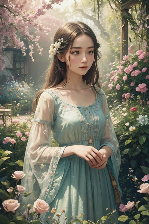 A girl in a garden, mixed media, vibrant colors, natural light, detailed flowers, surreal atmosphere, dreamy composition, fine brushstrokes, whimsical elements, magical scenery, high-resolution, photorealistic, vintage aesthetic, textured background, delicate features, elegant posture, joyful expression, soft sunlight, playful birds, tranquil atmosphere, rich color palette, artistic perspective, layered composition, harmonious blending, intricate details, ethereal beauty, nostalgic vibes, intricate patterns, evocative atmosphere, imaginative interpretation, emotional depth, visual storytelling, mesmerizing artwork.
