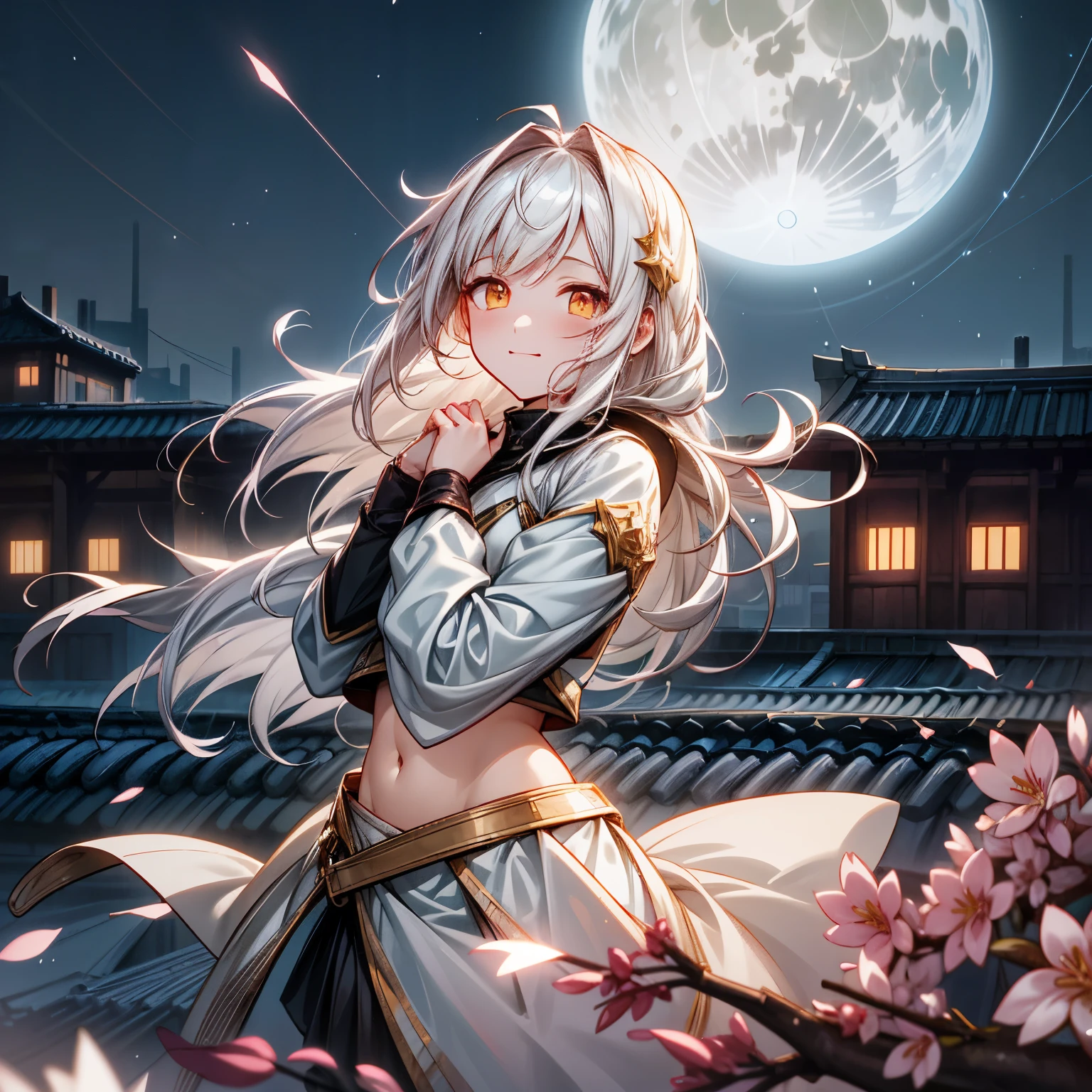 Anime girl, 1 anime girl, white hair, golden eyes, glowing eyes, thick hair, blown by the wind, crop top, skirt, blush, night, sakura flowers garden, stars, sunlight, starlight, fullmoon, rooftop garden, light city landscape, white skin, black and white outfit, beautiful, happy pose, Hands behind 