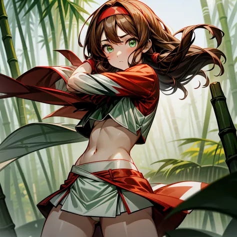 Anime girl, 1 anime girl, brown hair, light green eyes, glowing eyes, thick hair, blown by the wind, crop top, mini skirt, blush, sun, bamboo forest, sunlight, white skin, red black and white outfit, red headband, beautiful, fight pose