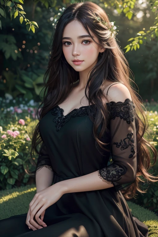 best quality,highres,ultra-detailed,(realistic:1.37),(portrait:1.1),(photography:1.1),vivid colors,soft lighting,beautiful detailed eyes,beautiful detailed lips,(long hair:1.1),(natural beauty:1.1),graceful pose,(black dress:1.1),rosy cheeks,lush green garden background,subtle bokeh,serene ambiance