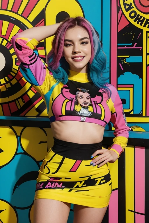 A girl with bright, vibrant colored hair, wearing a bold, patterned dress, surrounded by comic book-style speech bubbles and bold, graphic patterns. The background features a cityscape with skyscrapers and neon lights. The girl is striking a confident pose with her hands on her hips, and she has expressive, exaggerated eyes and a wide smile. The artwork is created in a medium of bold pop art style, with strong outlines, vibrant colors, and a retro comic book aesthetic. The image is of the best quality, with ultra-detailed features and vivid colors. The lighting is bright and emphasizes the bold colors and graphic elements of the artwork.