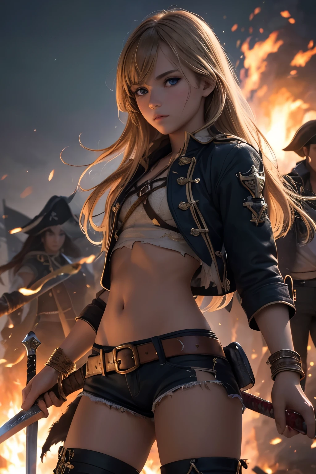 (Ultra quality:1.2), (Ultra detailed:1.2), (Ultra detailed clothes:1.2), (Ultra detailed face:1.2), (Ultra detailed eyes:1.2), (Ultra detailed body:1.2), young pirate girls, torn clothes, different hair colors, sword fights, battlefield in the background, fire in the background, night