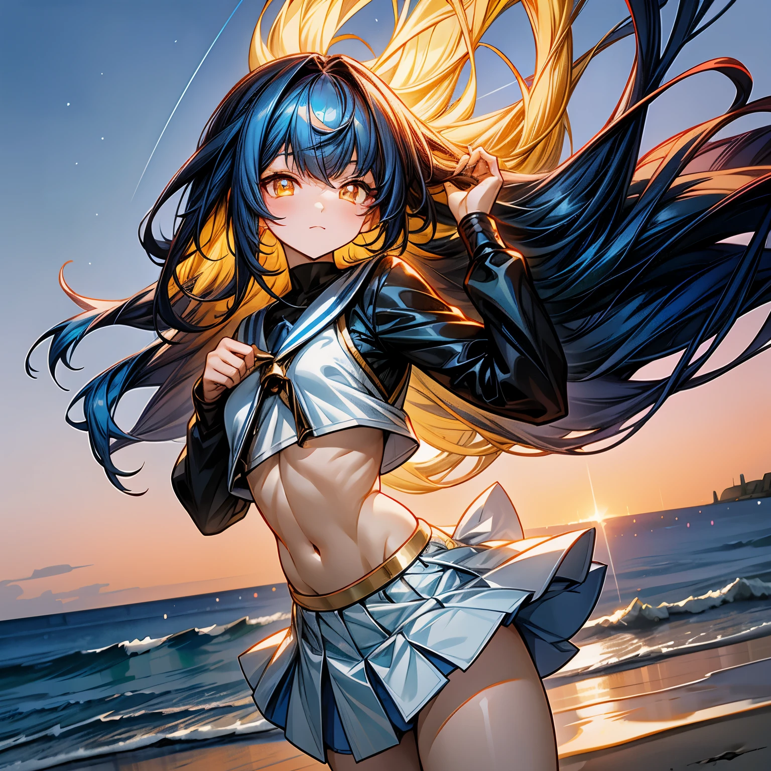 chica anime, 1 chica anime, pelo negro y azul, ojos dorados, pupilas doradas, ojos brillantes, cabello grueso, soplado por el viento, top corto, falda, rubor, luz de sol, luz de las estrellas, estrellas, Noche, paisaje de playa, piel blanca, traje azul y blanco, Hermoso, pose feliz, manos detrás 