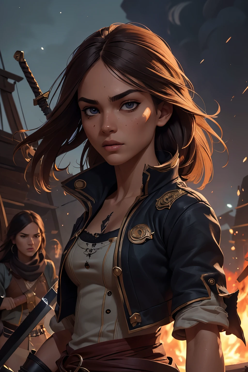 (Ultra quality:1.2), (Ultra detailed:1.2), (Ultra detailed clothes:1.2), (Ultra detailed face:1.2), (Ultra detailed eyes:1.2), (Ultra detailed body:1.2), (Ultra detailed weapons:1.2), young pirate girls, torn clothes, different hair colors, sword fights, battlefield in the background, fire in the background, night