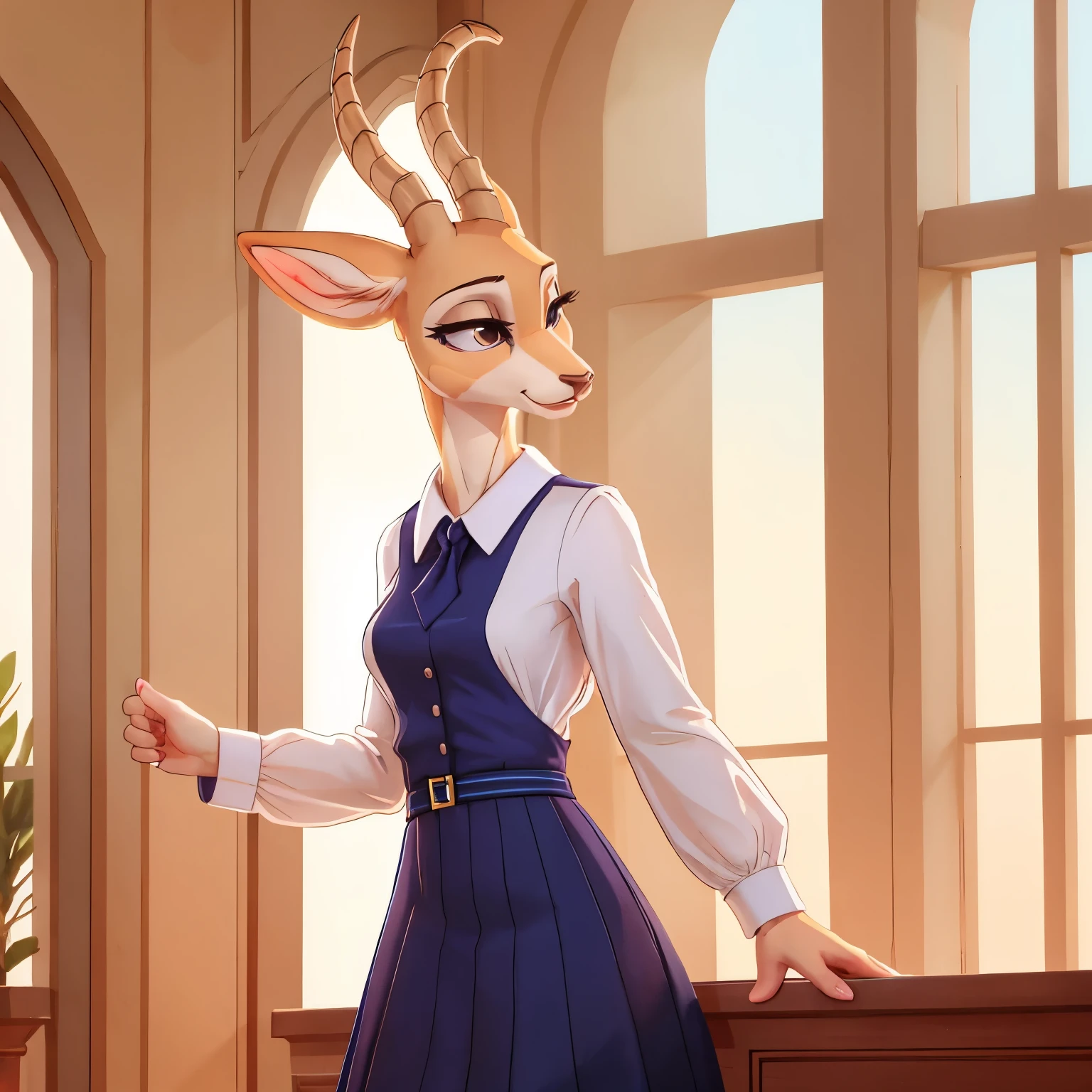 The female white gazelle in the Beastars universe emanates a serene and ethereal beauty. With a slender frame and pristine white fur, she exudes grace and purity. Wearing the Cherryton Academy girl's uniform, she combines sophistication with a gentle and kind vibe. Her movements are fluid and graceful, leaving a lasting impression of her tranquil and compassionate presence in the academy.