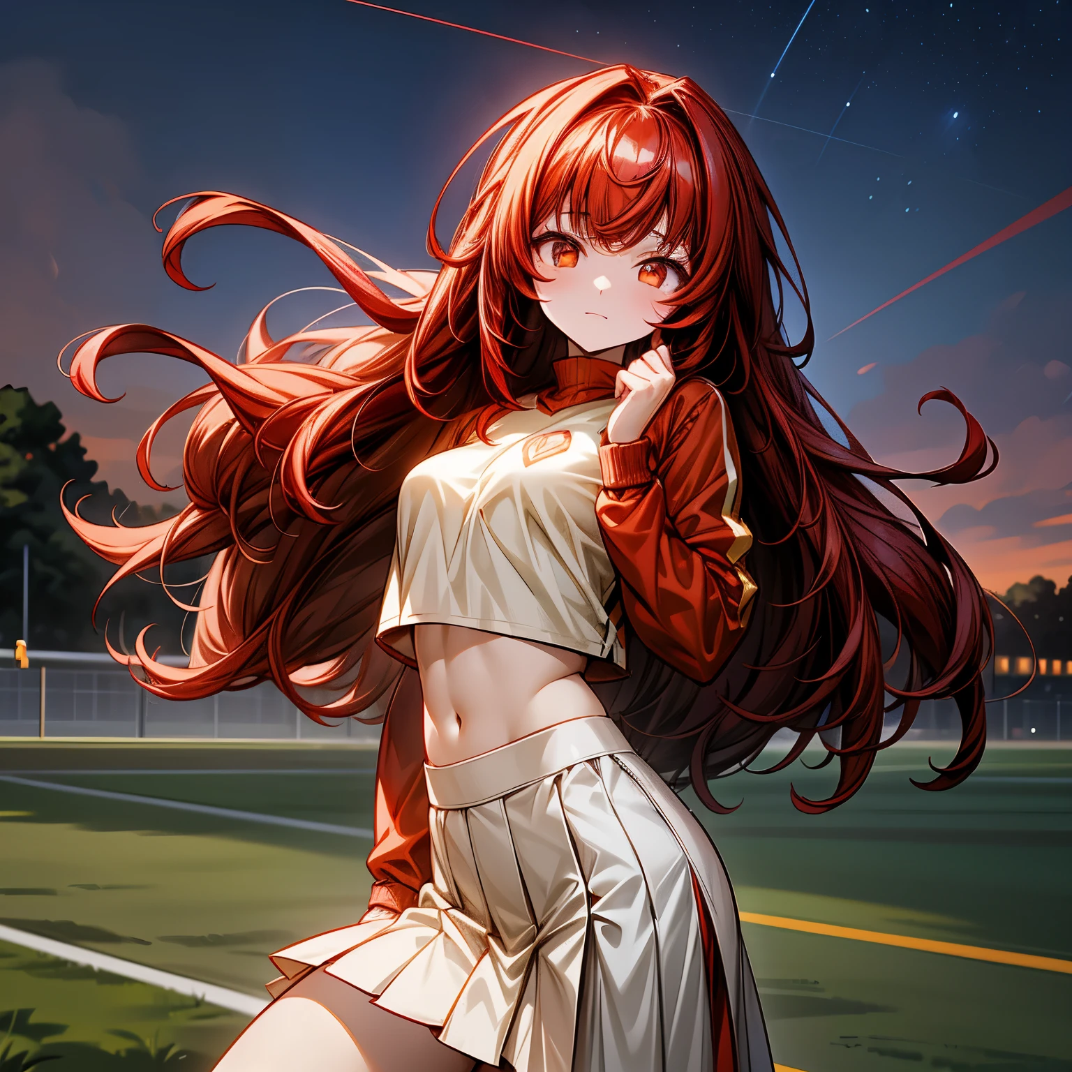 Anime girl, 1 anime girl, black and red hair, golden eyes, golden pupils, glowing eyes, thick hair, blown by the wind, crop top, skirt, blush, sunlight, starlight, stars, night, Sports field landscape, white skin, red and white sport outfit, beautiful, happy pose, Hands behind 