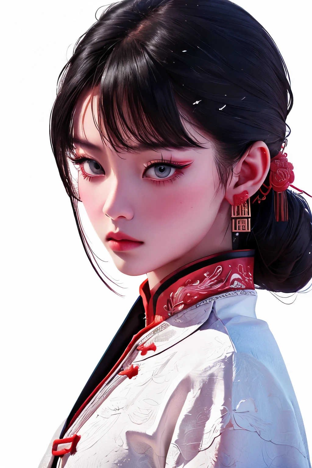 masterpiece, 8k, (absurdres, highres, ultra detailed), (1lady:1.3), EpicArt, White and white,Chinese style, chinese clothes, black hair, sad, white background, close up