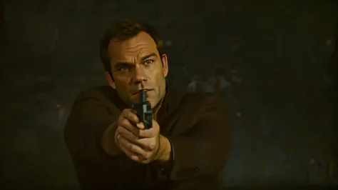 there is a man holding a gun in his hand, he has a pistol!!, dexter morgan, shot from movie, movie screencap, widescreen shot, he has a pistol, fox, movie still of james bond, movie action still frame, hd shot, movie screenshot, with pistol, gunfire, movie...
